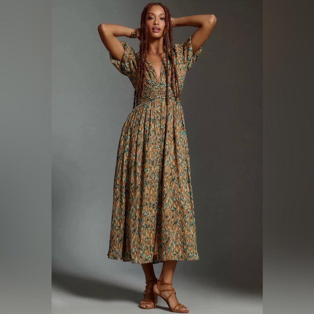 Anthropologie Katerina Lurex Button-Front Midi Dress